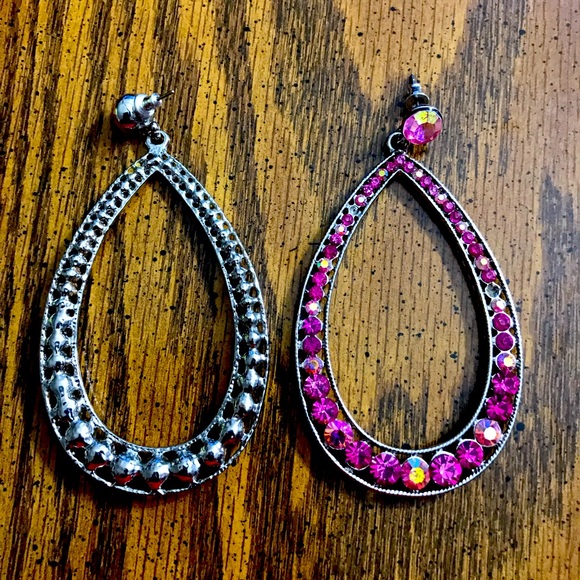 Silver and Pink Teardrop Earrings. Size: Length: 3-1/2”, Width 2”. - Picture 2 of 2